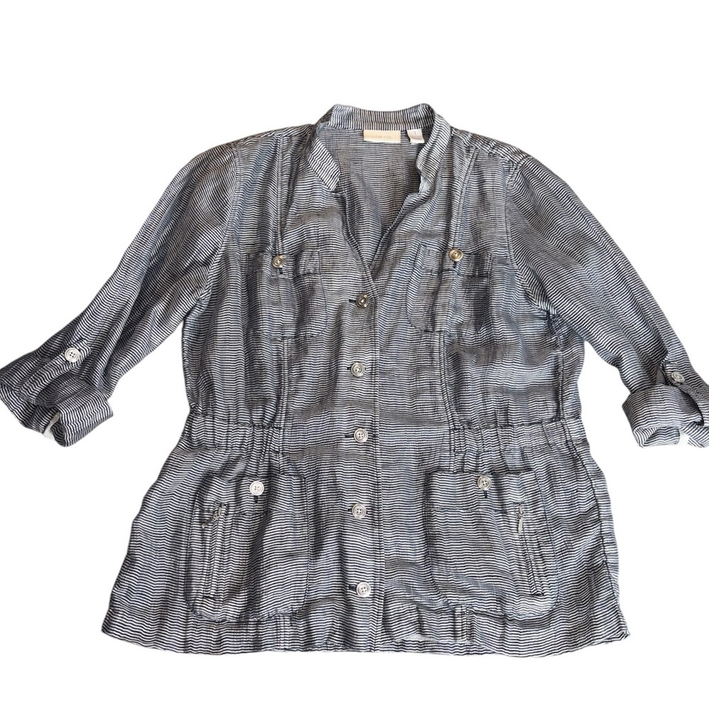 Chico's navy and white striped lightweight utility jacket size 10